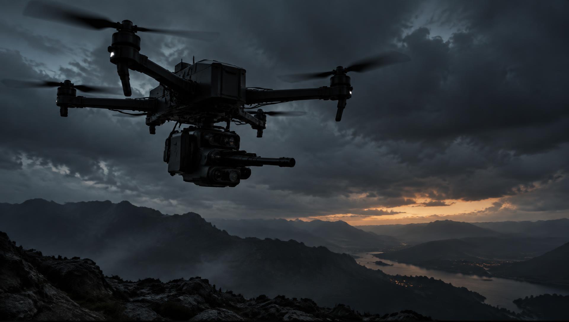 Armed unmanned aircraft carrying a remote weapon gimbal at dusk
